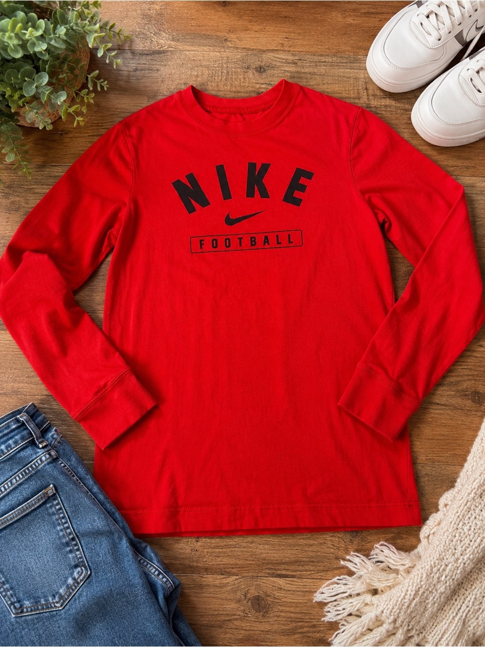 Nike Football Long Sleeve Graphic Tee Youth Small Red Athletic Shirt